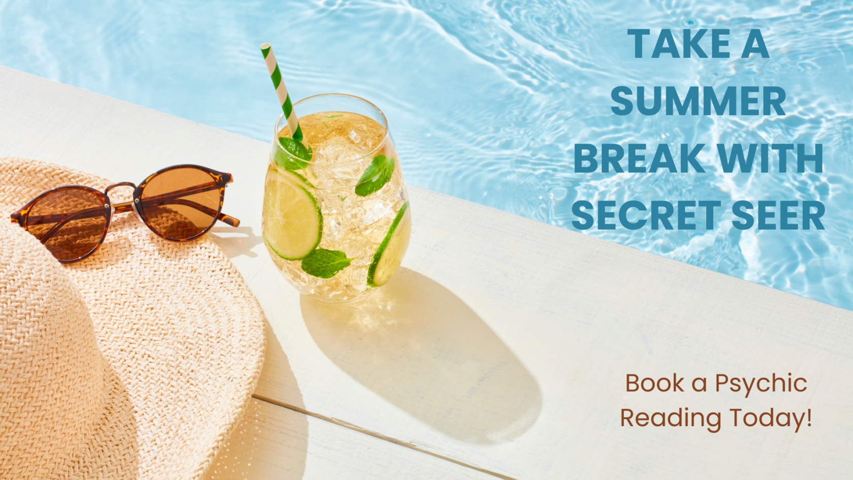 Summer poster has sunglasses, hat and cocktail by a pool.
